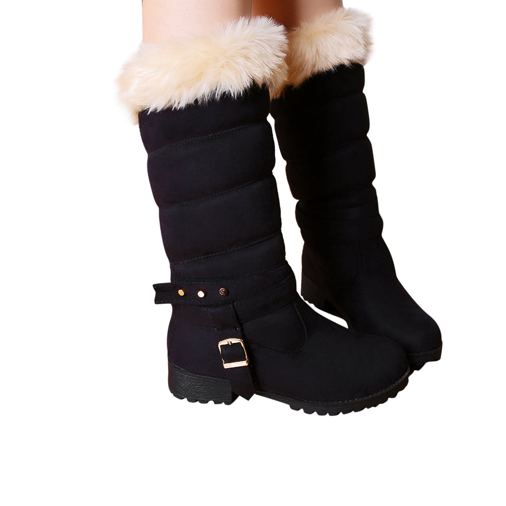Mid Calf Boots For Women Thermal Plush Fleece Lined Suede Round Toe Chunky Mid Heels Winter Snow Boots Winter Warm Dress Long Tall Boots Blue 37