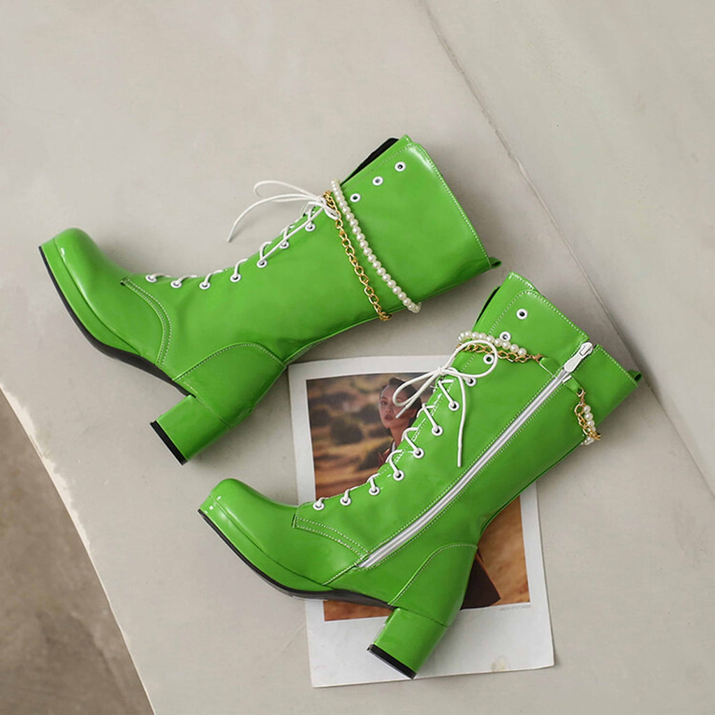 hopeusnice Knee High Boots for Women Mid Calf Boots Chunky Block Heels Buckle Lace Up Boots Stylish Fall Winter Shoes Orange 36