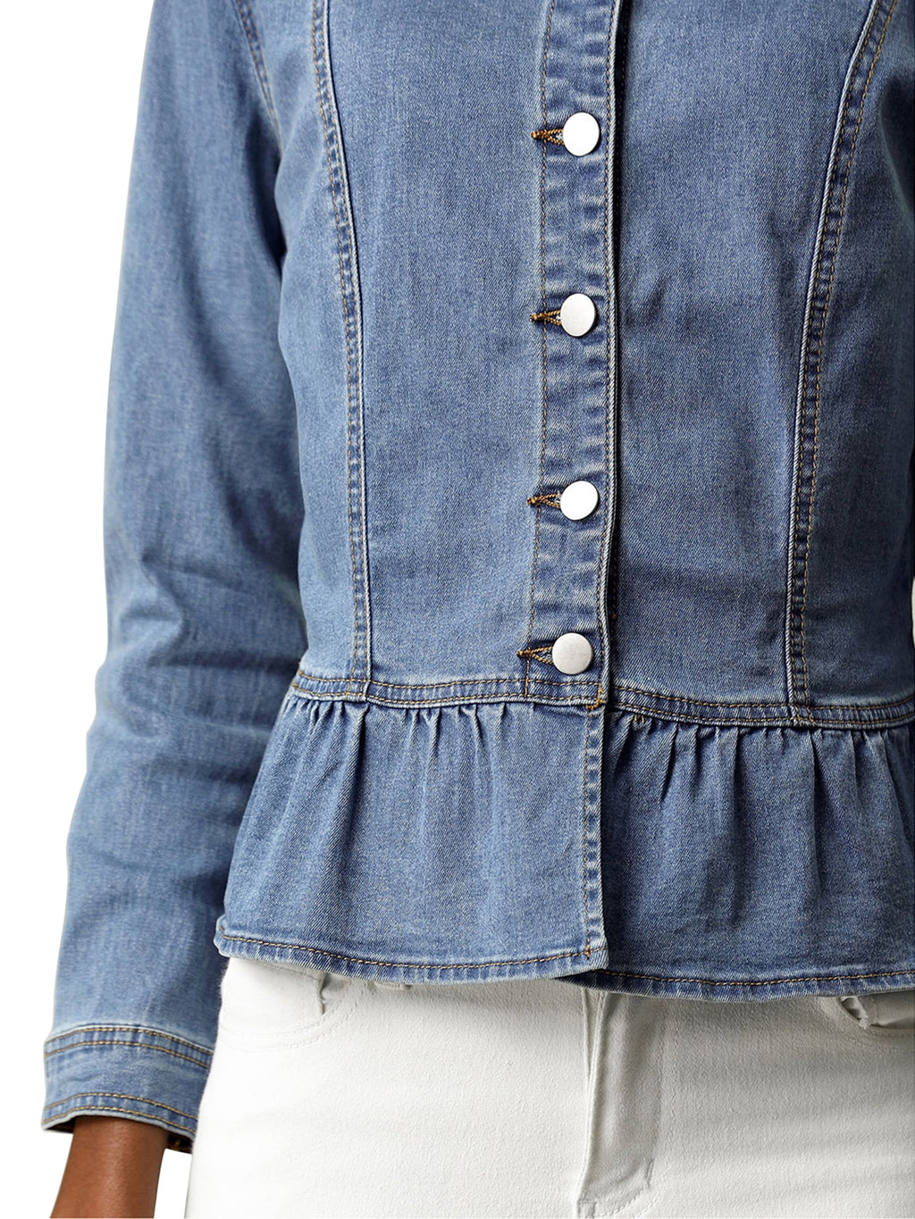 INSPIRE CHIC Women's Denim Jackets Button Down Peplum Hem Long Sleeves Cropped Jean Jackets White L