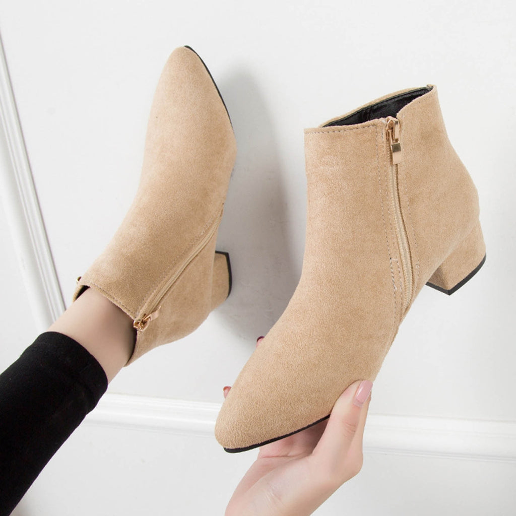 hopeusnice Women's Suede Ankle Boots Low Heel Pointed Toe Zipper Booties Comfortable Block Heel Dress Shoes Fall Winter Footwear Beige 42