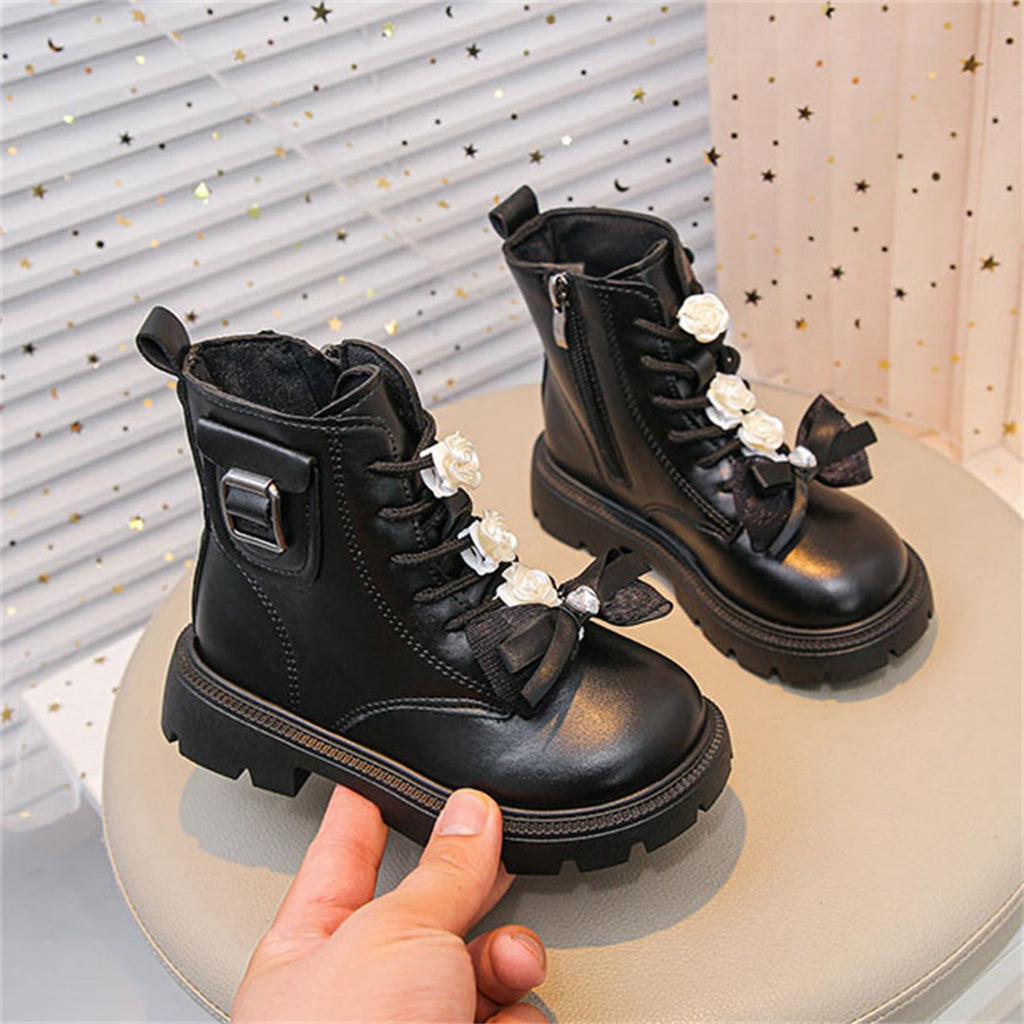 BXJX Girls Ankle Boots with Zipper, Bow Fall Winter Soft Sole Slip-Resistant Lace Up Boots Beige Size 13.5 Little Kids