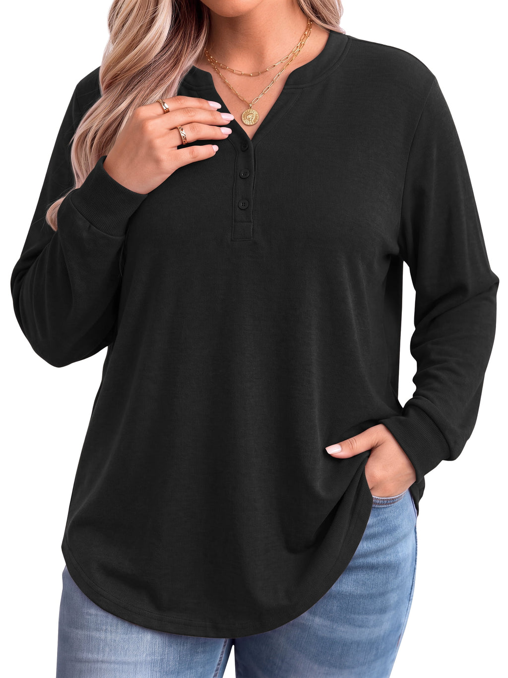 WellSize Plus Size Blouses for Women Henley V Neck Tops Casual Long Sleeve Button Shirts Fall Pullover Outfit