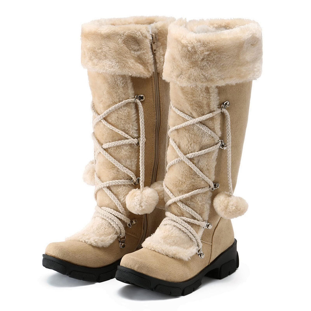 hopeusnice Women's Winter Boots Fuzzy Fleece Lined Knee High Snow Boots Warm Plush Lace Up Outdoor Ankle Boots Beige 36