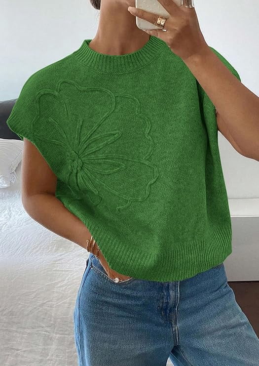 PRETTYGARDEN Women's Spring Sweater Vest Trendy Flower Knit Short Sleeve Cute Pullover Tank Tops Summer Fashion Clothing
