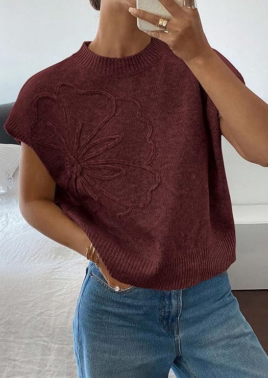 PRETTYGARDEN Women's Spring Sweater Vest Trendy Flower Knit Short Sleeve Cute Pullover Tank Tops Summer Fashion Clothing