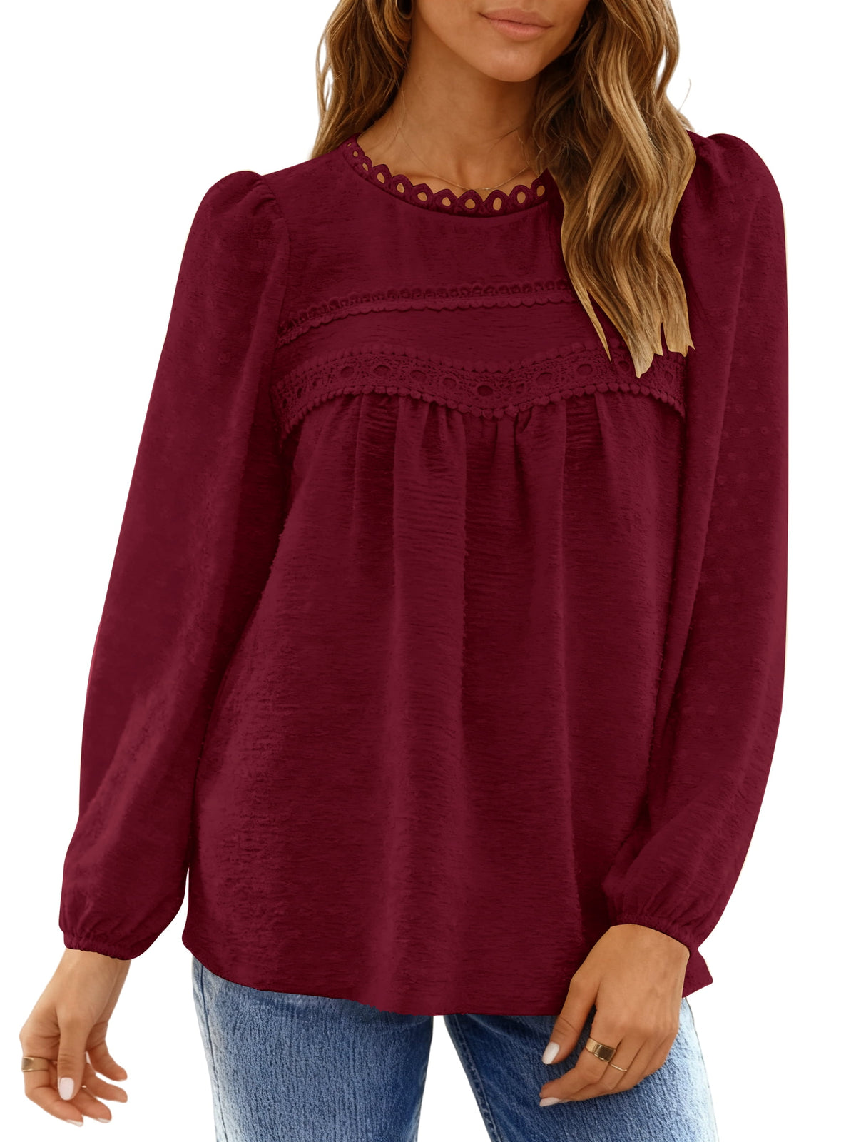 UVN Fall Shirts for Women Long Sleeve Blouses Ladies Crewneck Lace Crochet Tops Dressy Chiffon Blouses