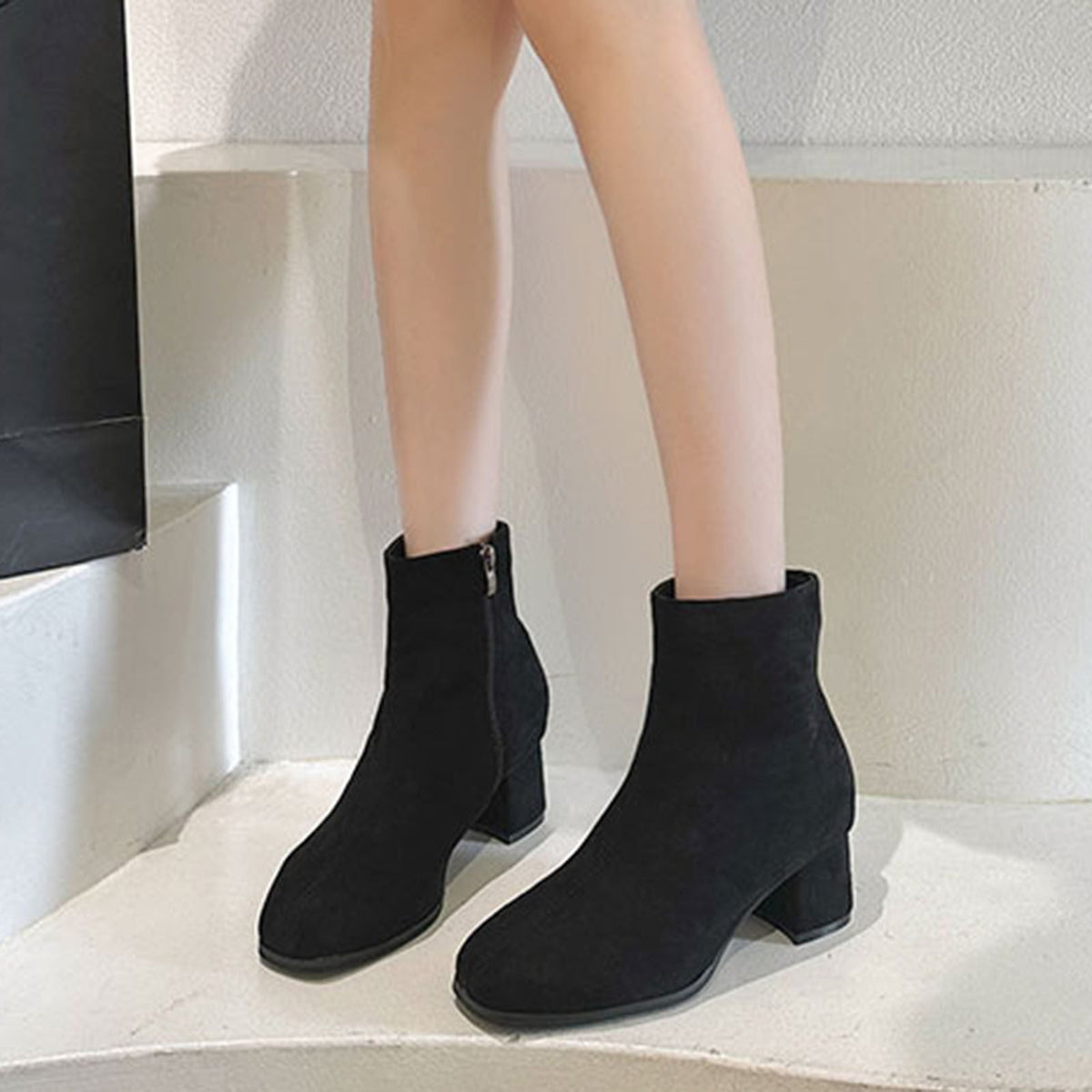 hopeusnice Women's Suede Ankle Boots Block Heel Zipper Closed Toe Booties Comfortable Low Heel Dress Shoes for Fall Winter Khaki 37