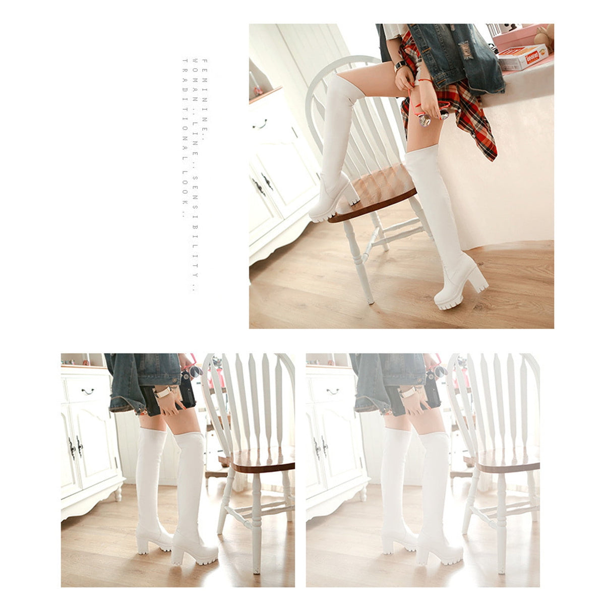 hopeusnice Women's Over The Knee Boots Chunky Heel Boots Faux Leather Thigh High Boots Winter Boots White 36