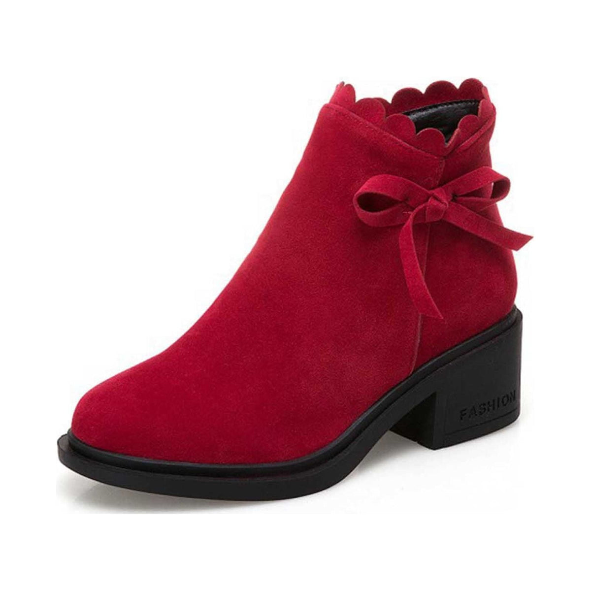 hopeusnice Women's Ankle Boots Suede Bowknot Block Heel Booties Round Toe Zipper Back Short Boots Winter Warm Comfortable Shoes Red 35