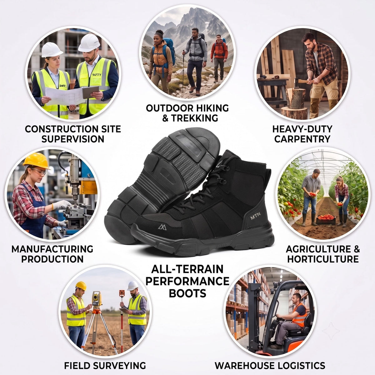 XQJ Men's Steel Toe Work Boots, Comfortable Lightweight Industrial Construction Shoes, Durable High Top Safety Boots - Black - Size 6