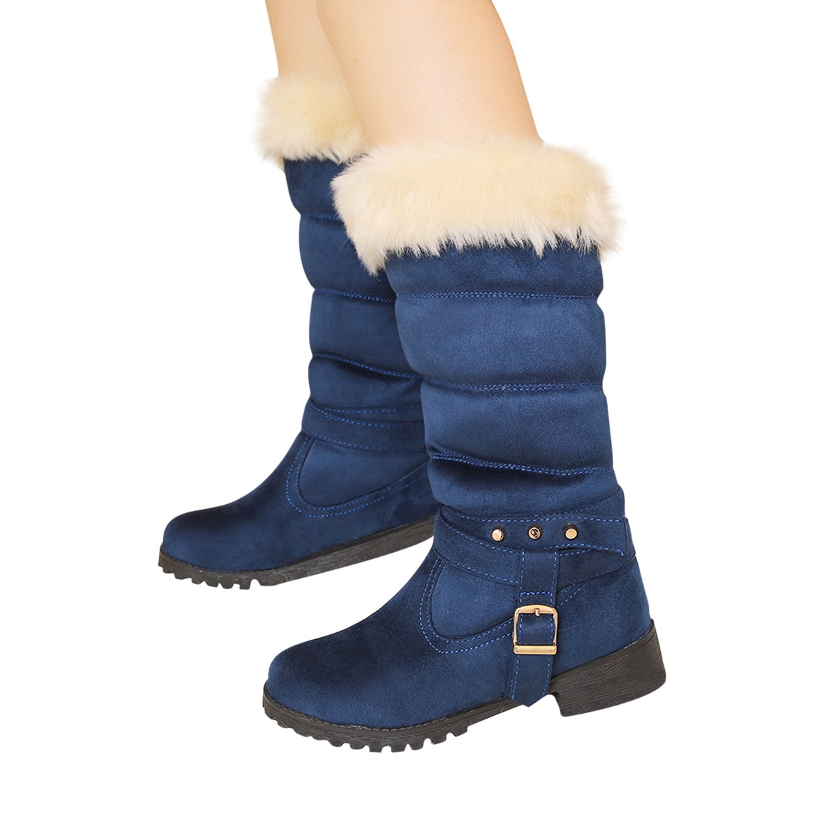 Mid Calf Boots For Women Thermal Plush Fleece Lined Suede Round Toe Chunky Mid Heels Winter Snow Boots Winter Warm Dress Long Tall Boots Blue 37
