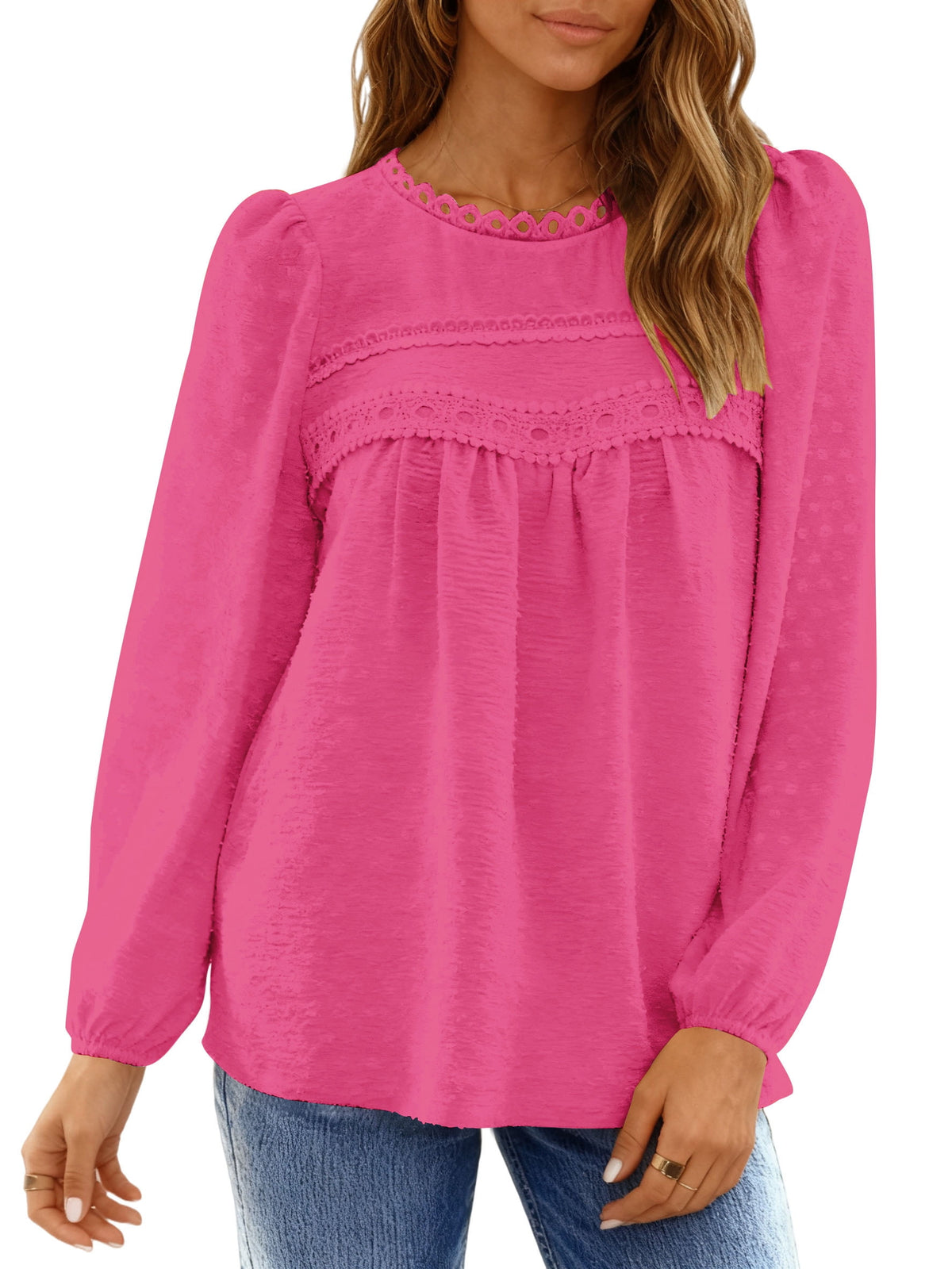 UVN Fall Shirts for Women Long Sleeve Blouses Ladies Crewneck Lace Crochet Tops Dressy Chiffon Blouses