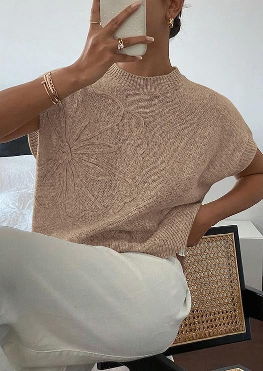 PRETTYGARDEN Women's Spring Sweater Vest Trendy Flower Knit Short Sleeve Cute Pullover Tank Tops Summer Fashion Clothing