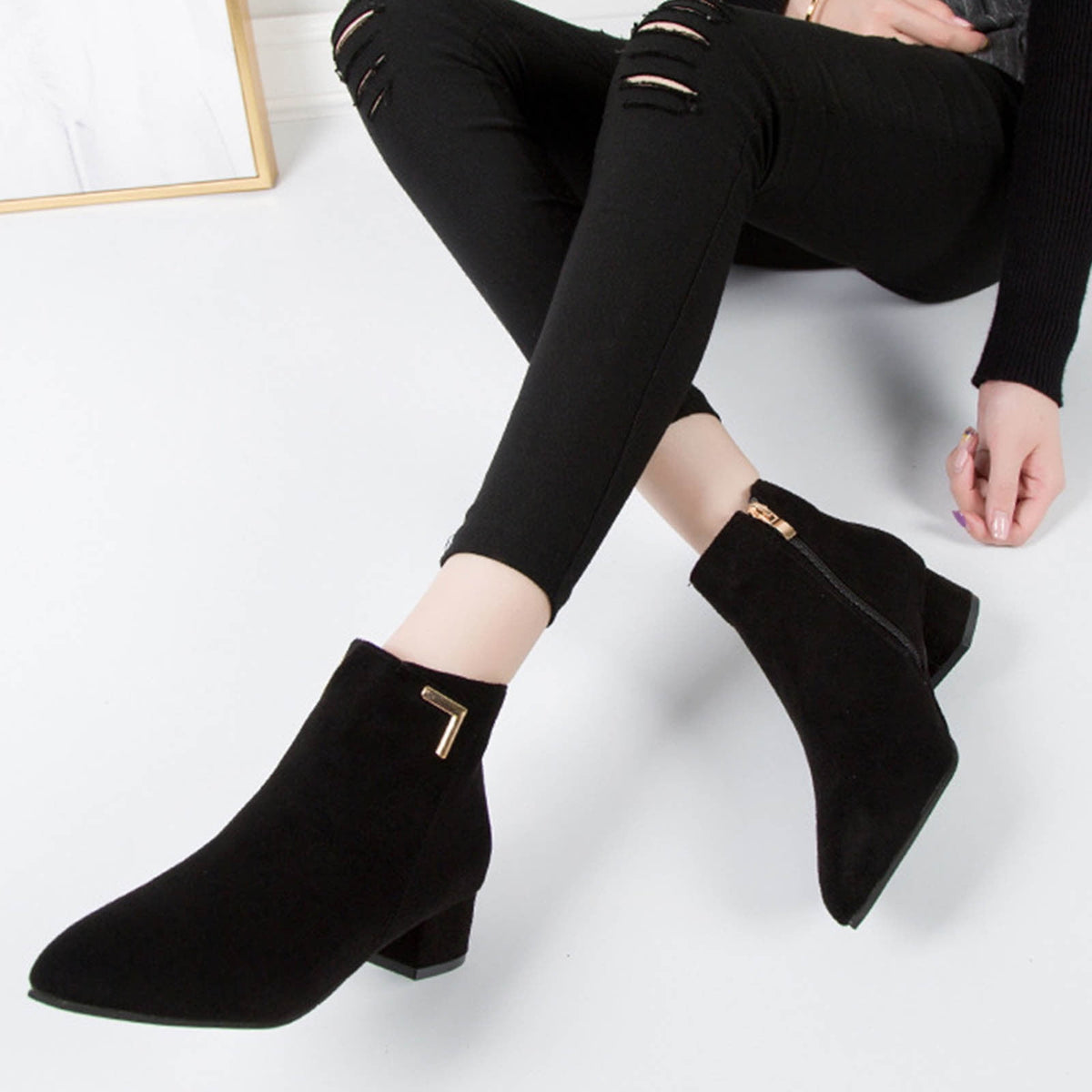 hopeusnice Women's Suede Ankle Boots Low Heel Pointed Toe Zipper Booties Comfortable Block Heel Dress Shoes Fall Winter Footwear Beige 42