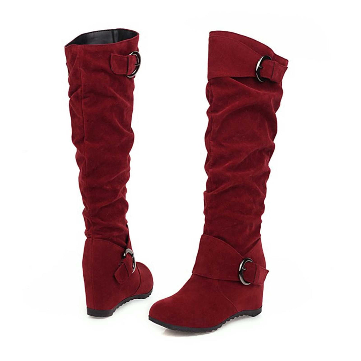 hopeusnice Women's Over The Knee Boots Suede Buckle Wedge Heel Winter Warm Boots Fashion Slouchy Boots Knee High Boots Brown 35