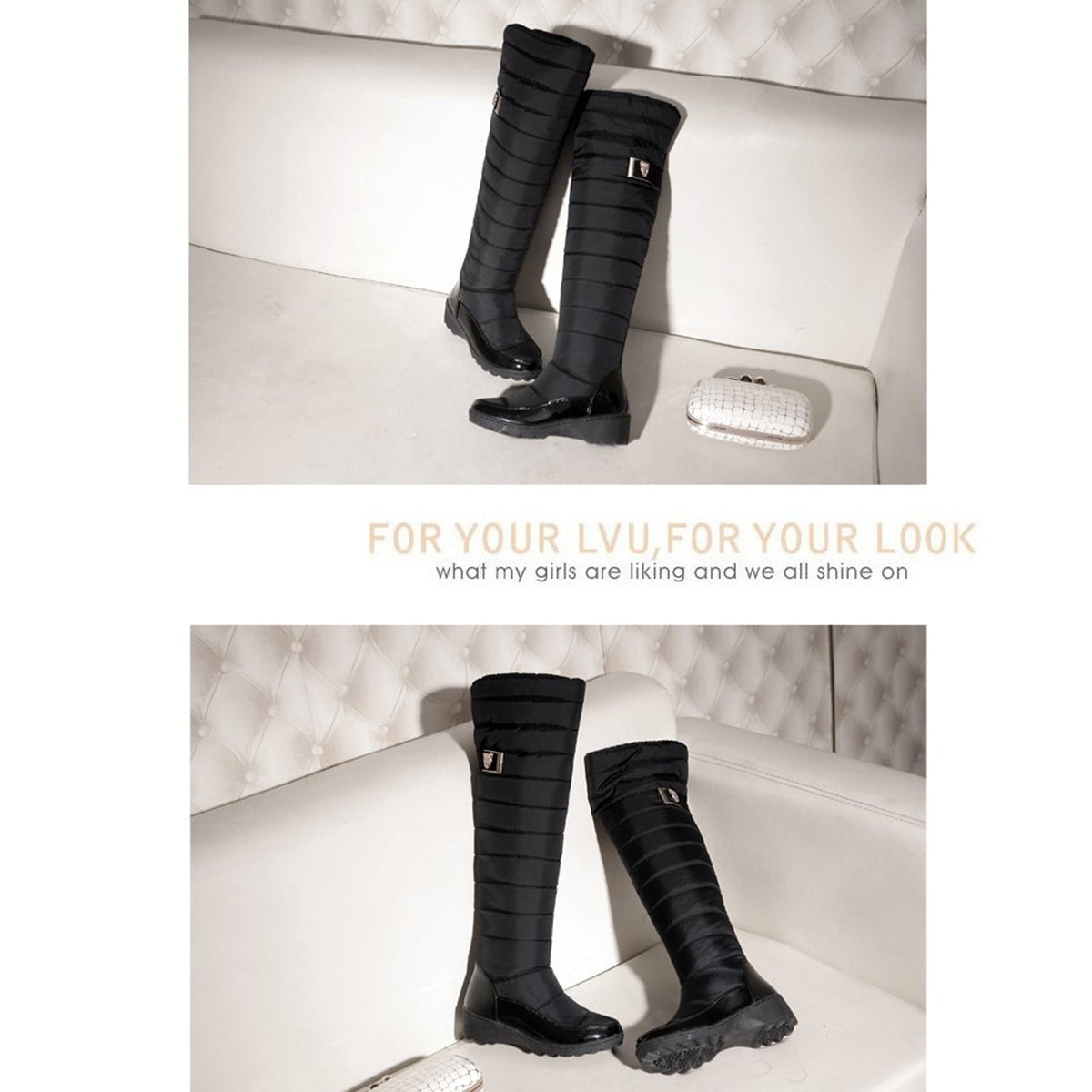 hopeusnice Women's Knee High Boots Winter Warm Snow Boots Padded Quilted Waterproof Boots Buckle Decor Comfortable Shoes Blue 40