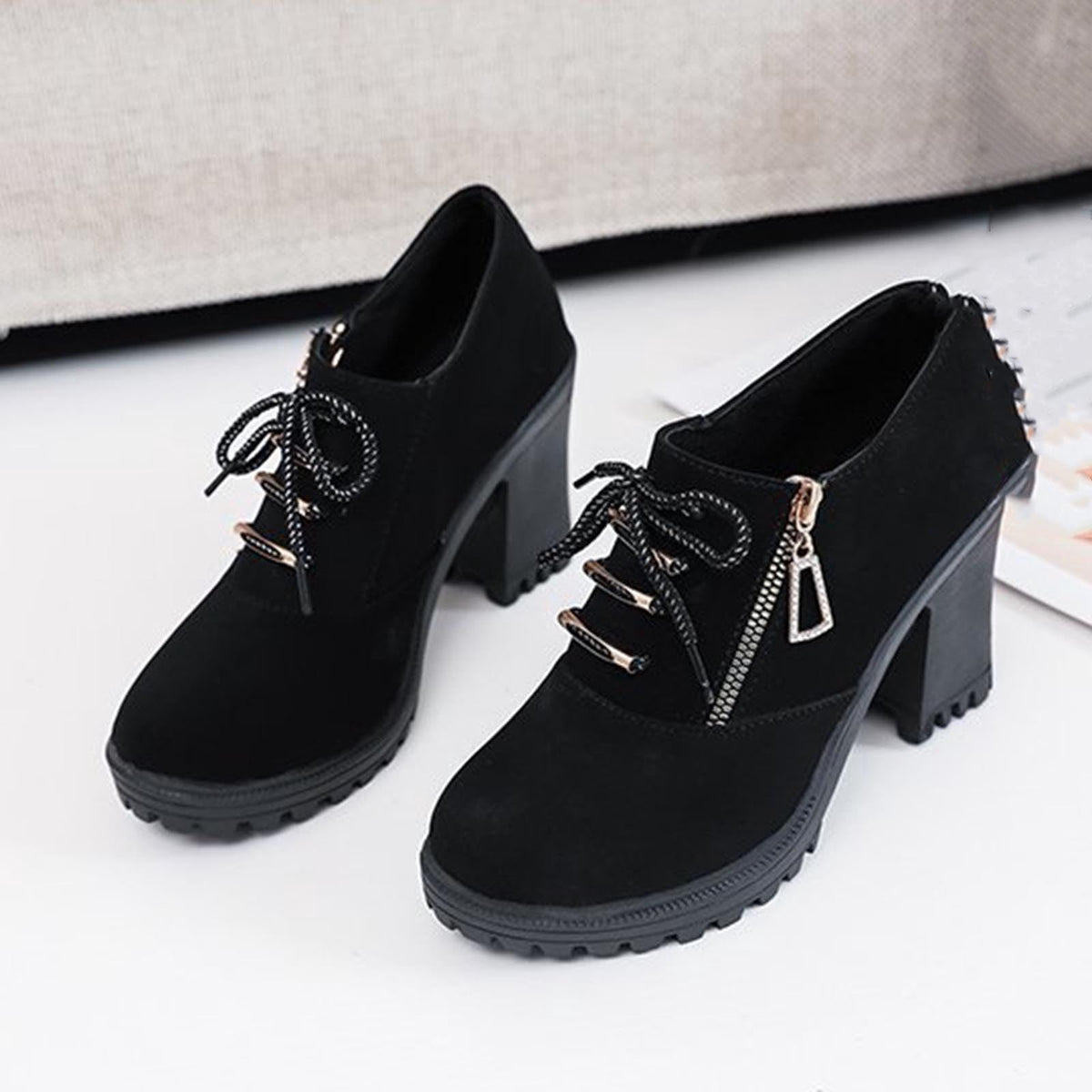 hopeusnice Women's Ankle Boots Lace Up Buckle Zipper Chunky Heel Shoes Comfortable Suede Round Toe Block Heel Fall Winter Boots Outdoor Black 37