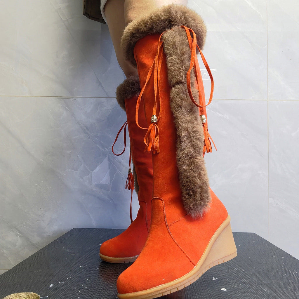Women's Winter Boots Fuzzy Fleece Lined Wedge Heel Knee High Booties Tassel Buckle Closure Warm Snow Boots Comfortable Fashion Footwear Black 35