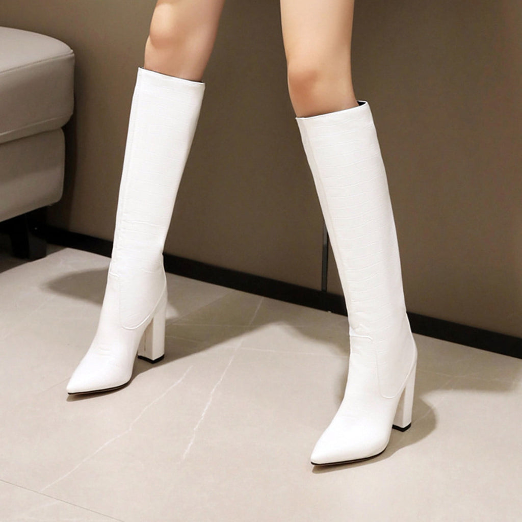 Women's Knee High Boots Pointed Toe Chunky Heel Leather Boots Fall Winter Warm Comfortable Fashion Boots Yellow 44