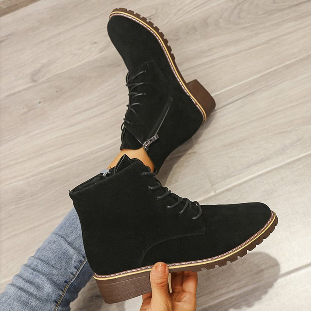 Bnwani Ankle Boots for Women Lace‑Up & Side Zipper Block Low Heel Round Toe Short Booties Black 38(US:6.5)