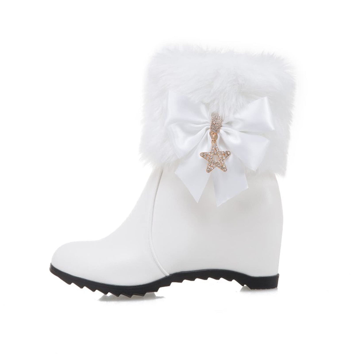 Women Winter Warm Hidden Wedge Snow Booties Leather Cute Bowknot Rhinestones Fuzzy Fleece Lined Thickening Side Zipper Ankle Boots White 39