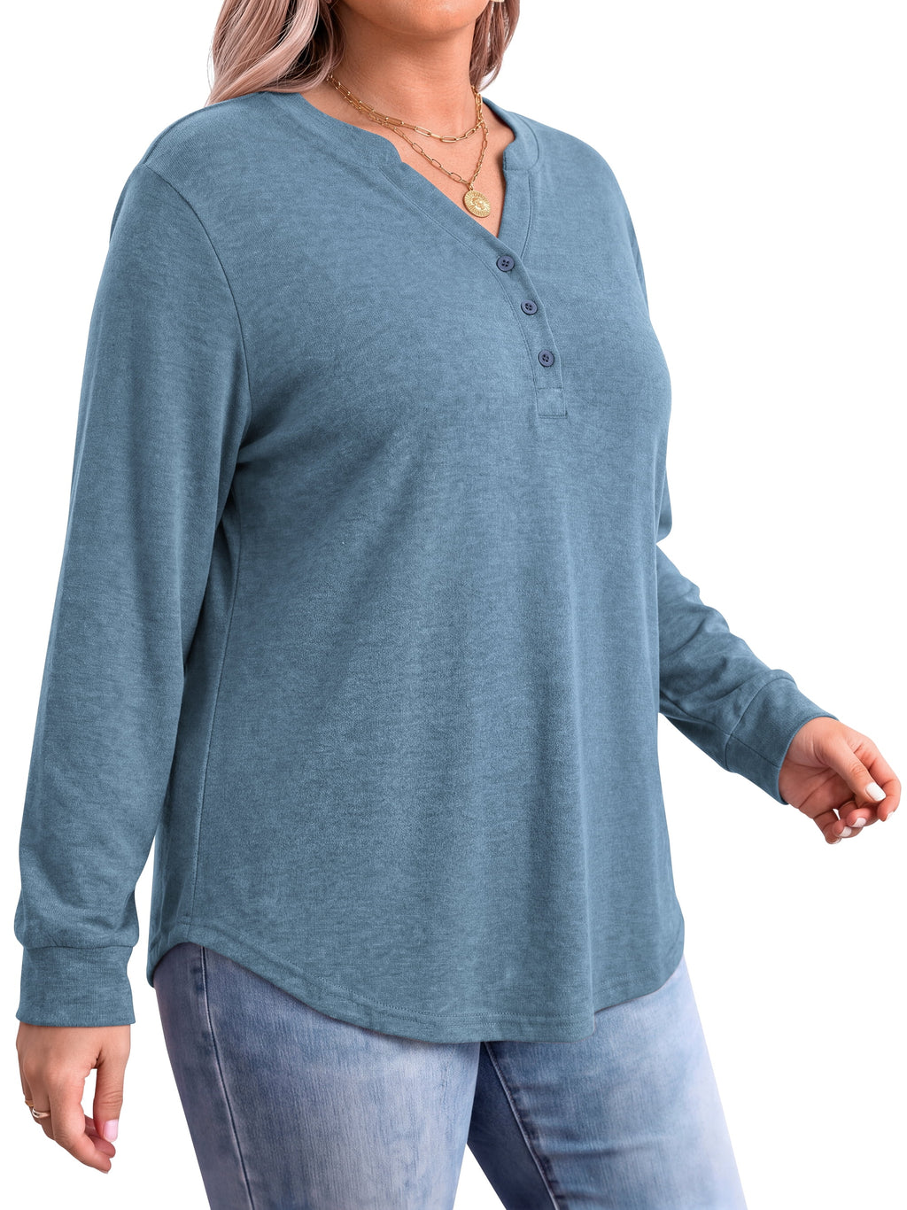 WellSize Plus Size Blouses for Women Henley V Neck Tops Casual Long Sleeve Button Shirts Fall Pullover Outfit