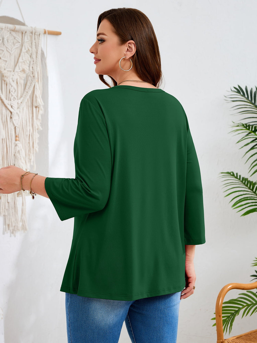 SHOWMALL Plus Size Tops for Women, 3/4 Sleeve Button V Neck Casual Tunic Blouse, Green, Size 4X