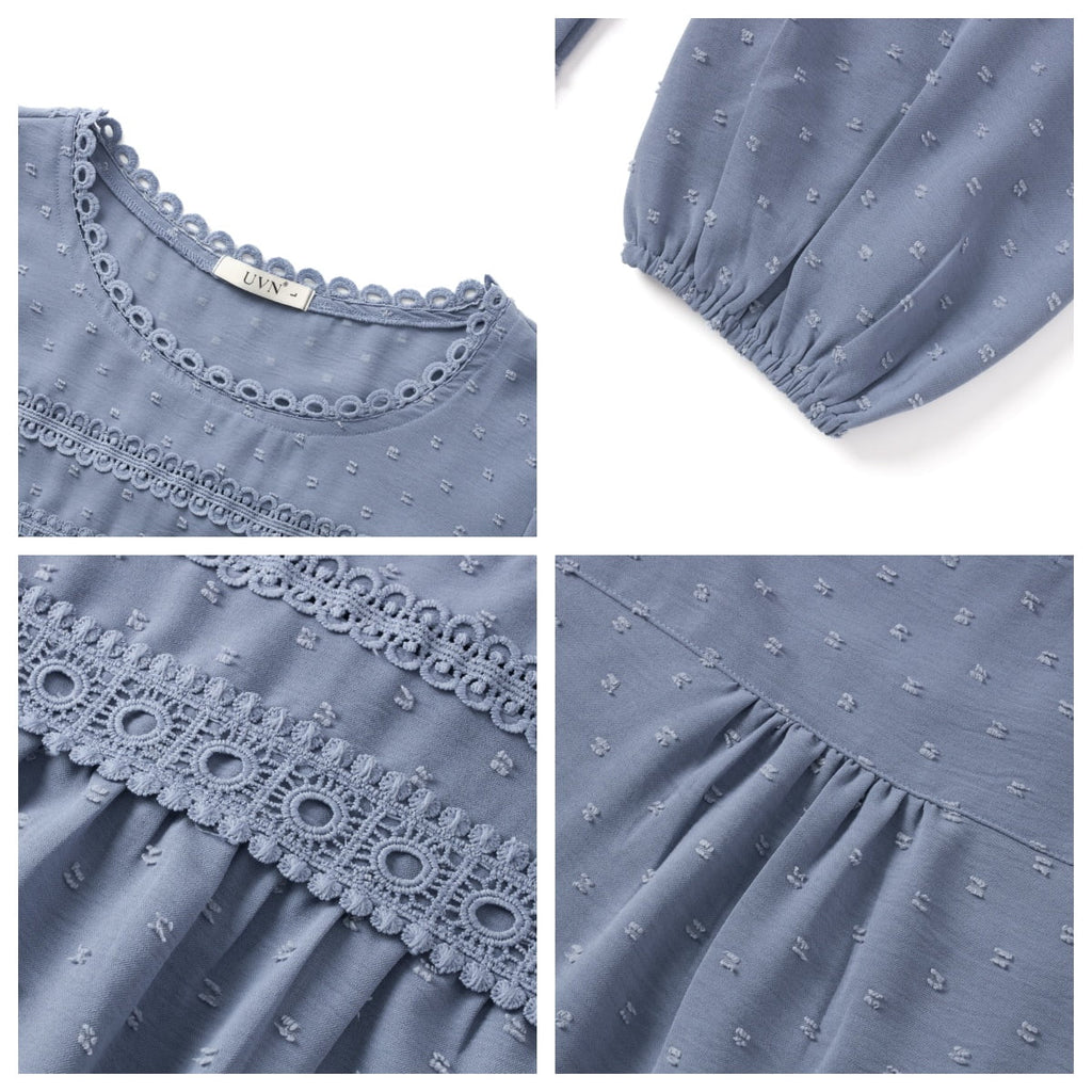 UVN Fall Shirts for Women Long Sleeve Blouses Ladies Crewneck Lace Crochet Tops Dressy Chiffon Blouses