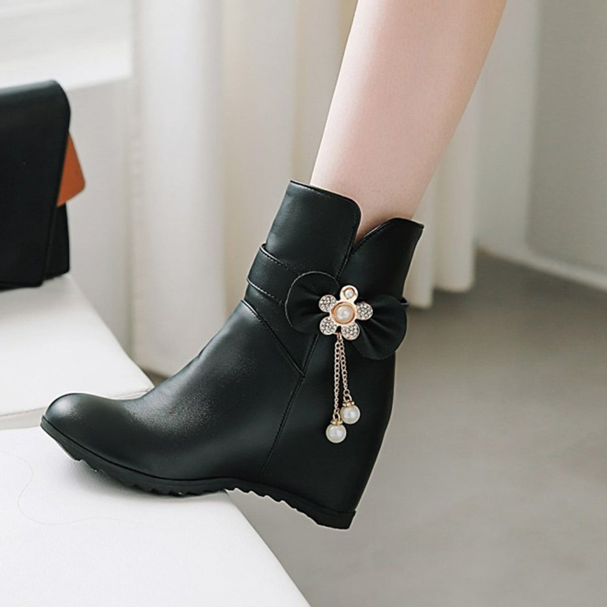Women's Ankle Boots Wedge Heel Zipper Closure Bowknot Decor Faux Leather Booties Short Boots Comfortable Wedge Heel Shoes Pink 40