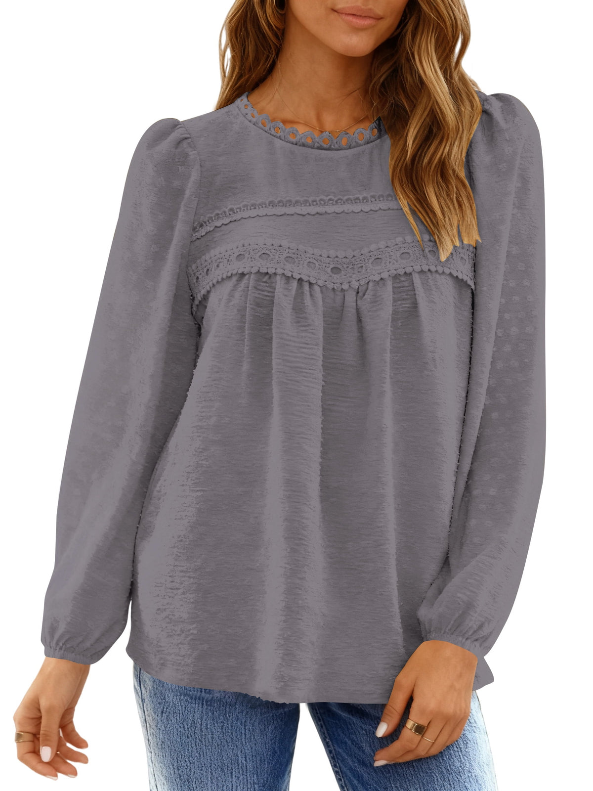 UVN Fall Shirts for Women Long Sleeve Blouses Ladies Crewneck Lace Crochet Tops Dressy Chiffon Blouses