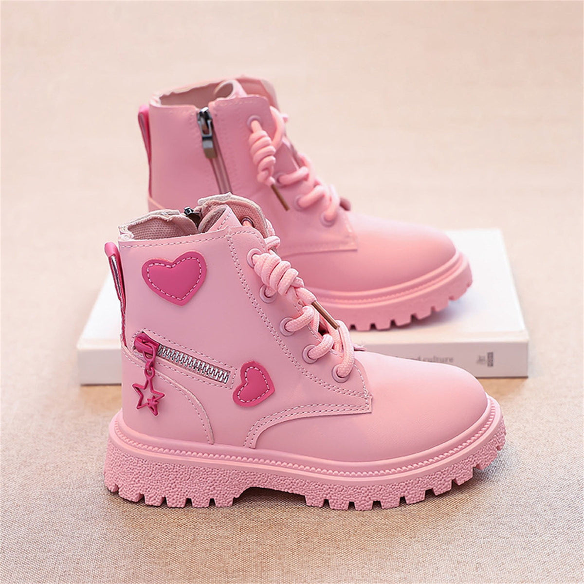 BXJX Girls Ankle Boots with Zipper, Non-Slip Soft Sole Fall Winter Cute Lace Up Boots Pink Size 12.5 Little Kids