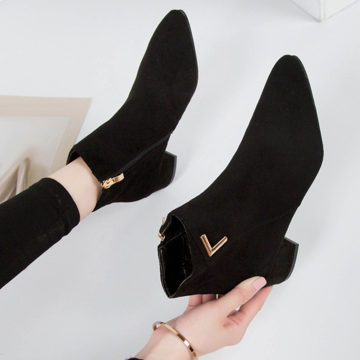 hopeusnice Women's Suede Ankle Boots Low Heel Pointed Toe Zipper Booties Comfortable Block Heel Dress Shoes Fall Winter Footwear Beige 42