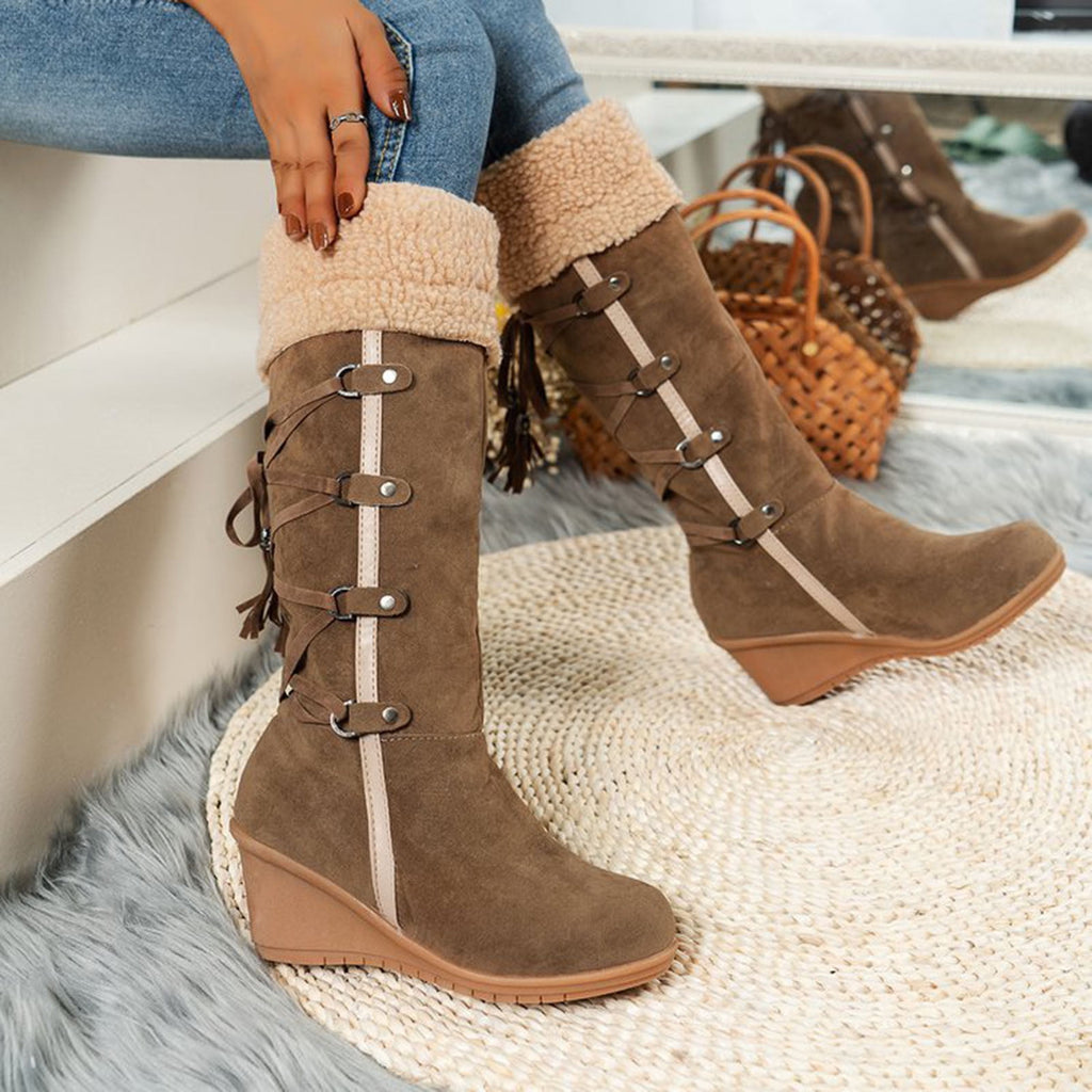 Women's Fashion Suede Wedge Boots Winter Warm Knee High Boots Buckle Tassel Side Zipper Booties Brown 35