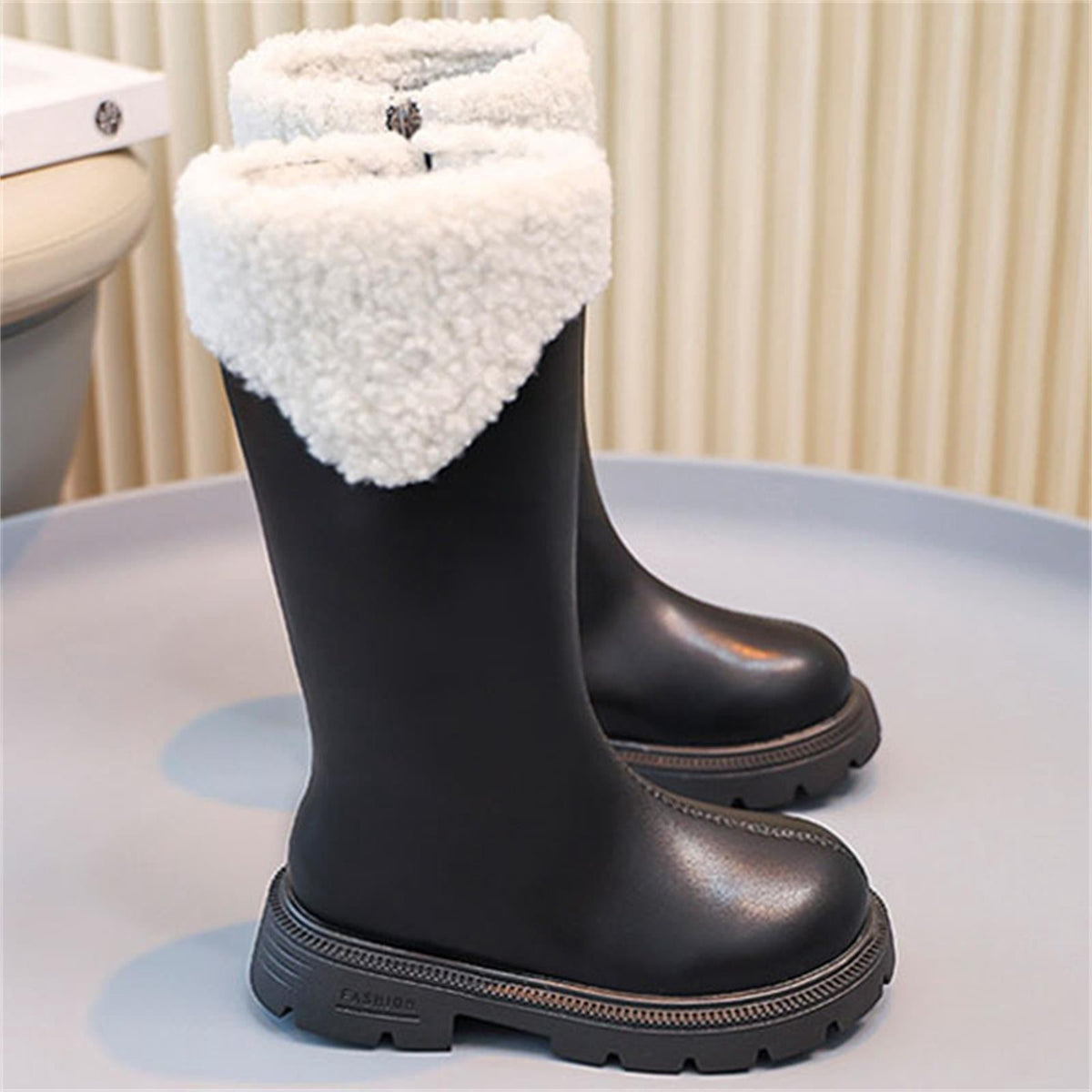 BXJX Girls Mid-Calf Boots, Fleece Lined Side Zipper Fall Winter Thermal Kids Riding Boots Black Size 2 Big Kids