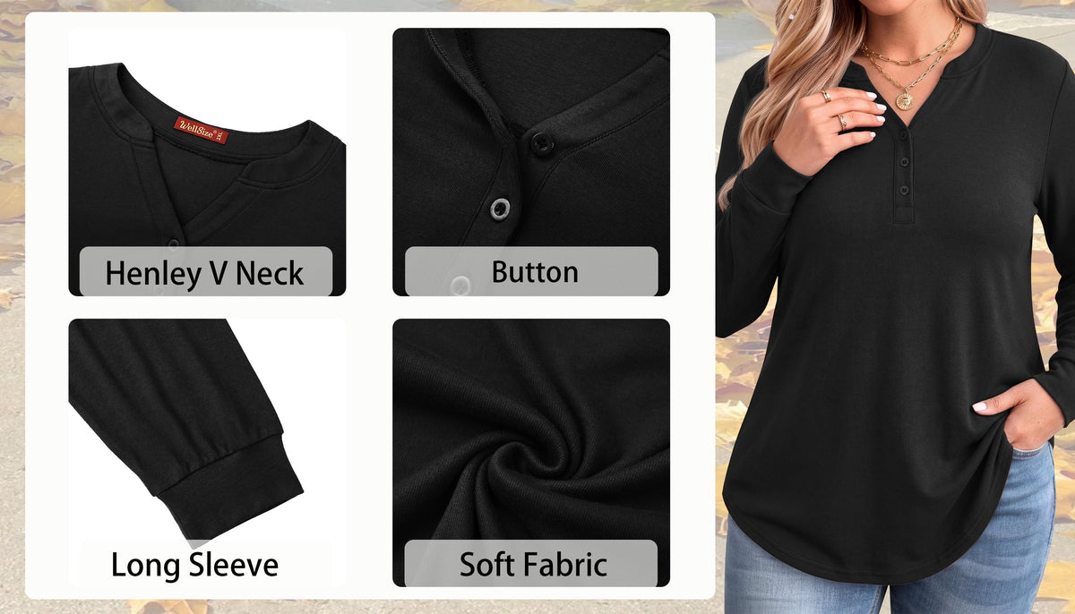 WellSize Plus Size Blouses for Women Henley V Neck Tops Casual Long Sleeve Button Shirts Fall Pullover Outfit