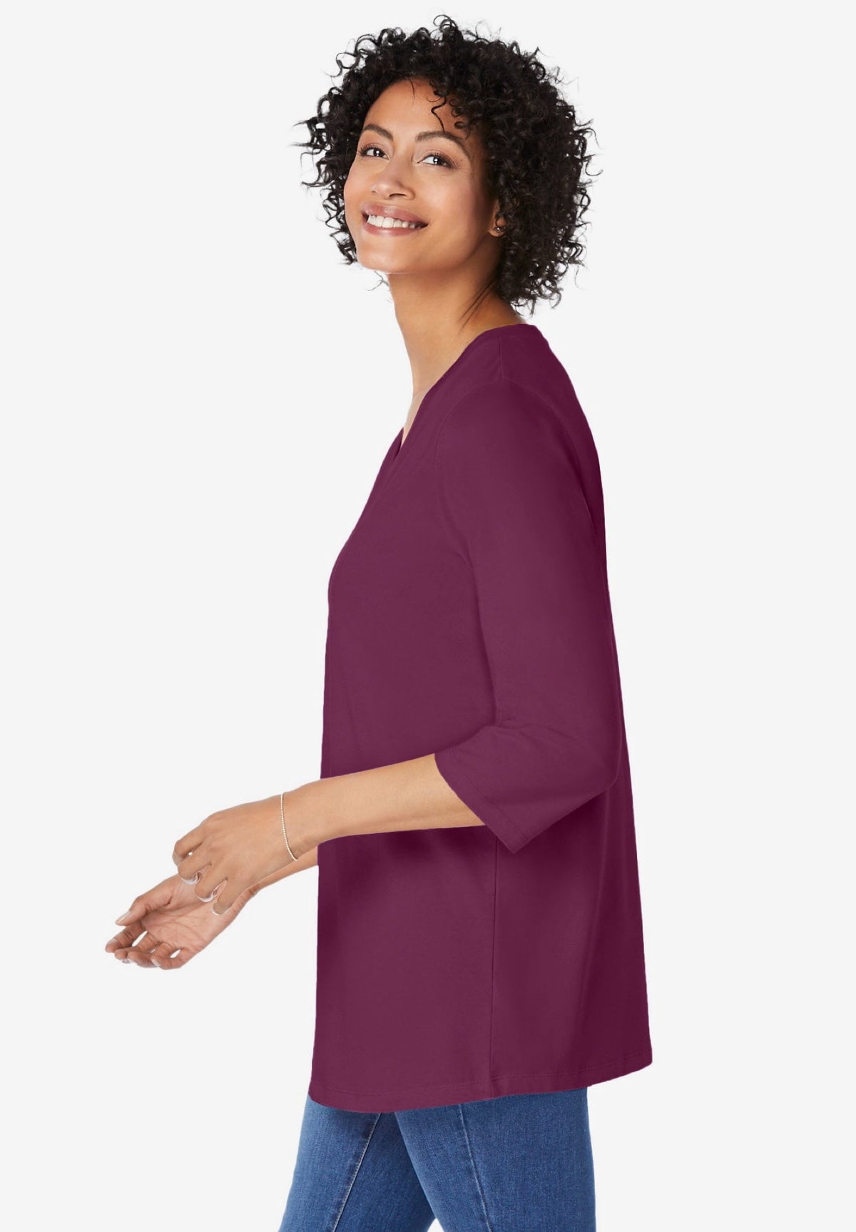 Woman Within Plus Size Perfect Three-Quarter Sleeve V-Neck Tunic