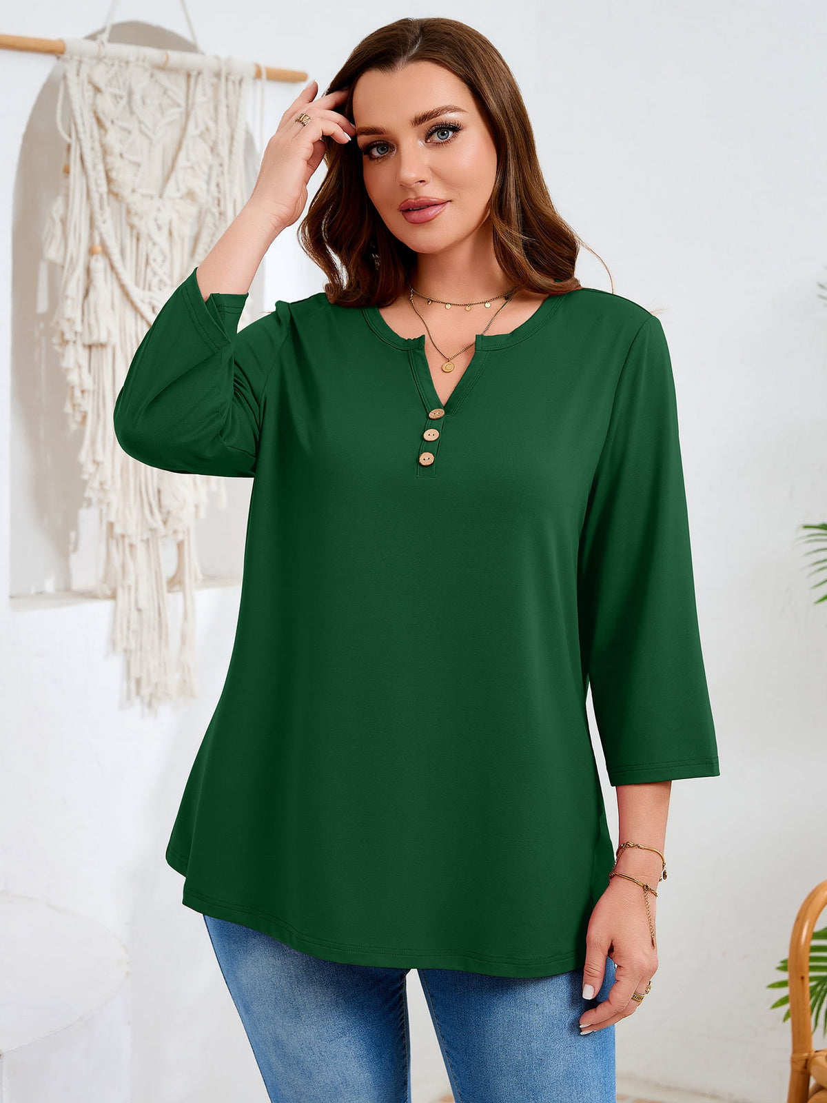 SHOWMALL Plus Size Tops for Women, 3/4 Sleeve Button V Neck Casual Tunic Blouse, Green, Size 4X