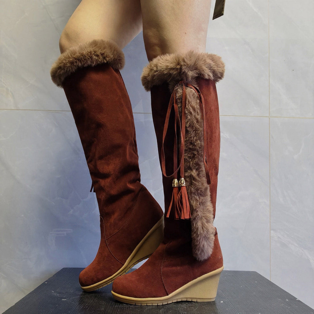 Women's Winter Boots Fuzzy Fleece Lined Wedge Heel Knee High Booties Tassel Buckle Closure Warm Snow Boots Comfortable Fashion Footwear Black 35