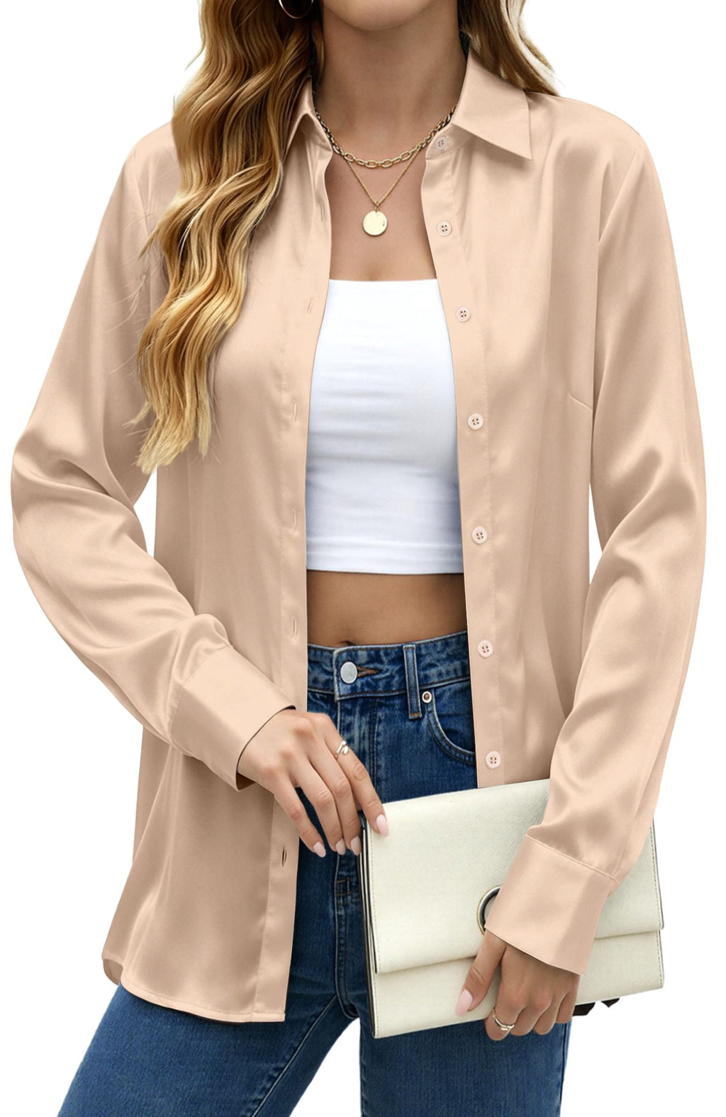 UVN Blouses for Women Long Sleeve Satin Shirts Button Down Ladies Casual Top