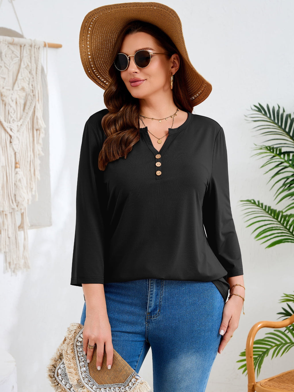 SHOWMALL Plus Size Tops for Women, 3/4 Sleeve Button V Neck Casual Tunic Blouse, Green, Size 4X