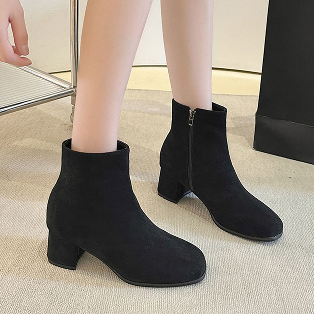 hopeusnice Women's Suede Ankle Boots Block Heel Zipper Closed Toe Booties Comfortable Low Heel Dress Shoes for Fall Winter Khaki 37