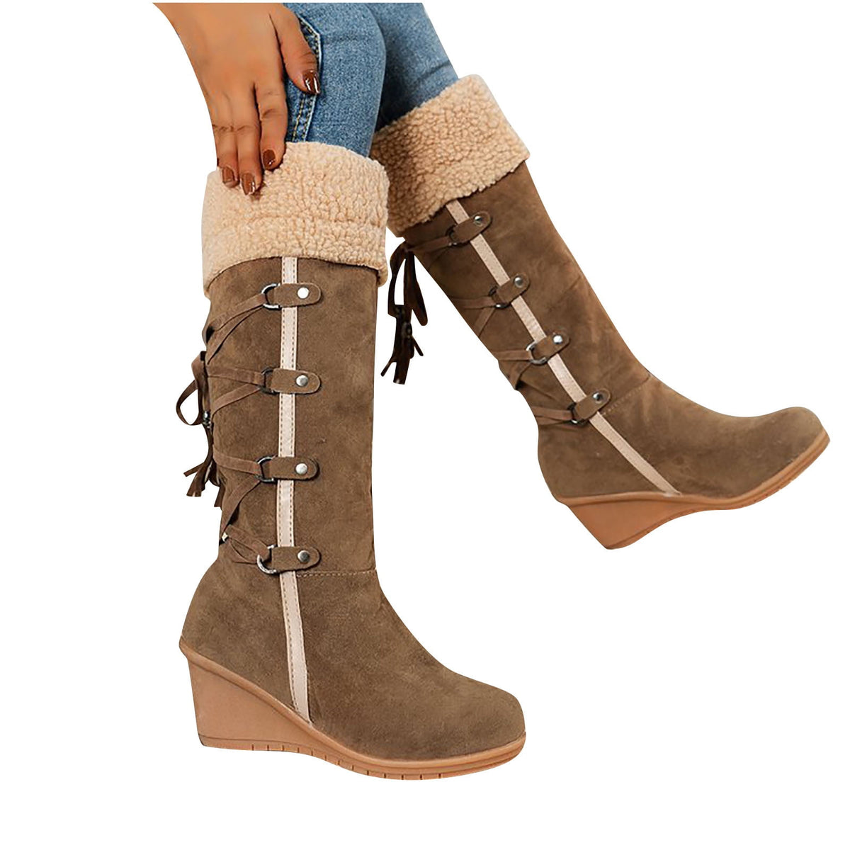Women's Fashion Suede Wedge Boots Winter Warm Knee High Boots Buckle Tassel Side Zipper Booties Brown 35
