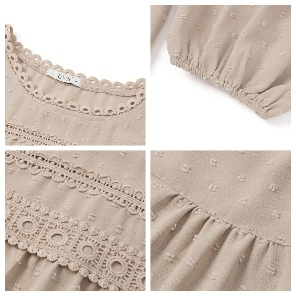 UVN Fall Shirts for Women Long Sleeve Blouses Ladies Crewneck Lace Crochet Tops Dressy Chiffon Blouses