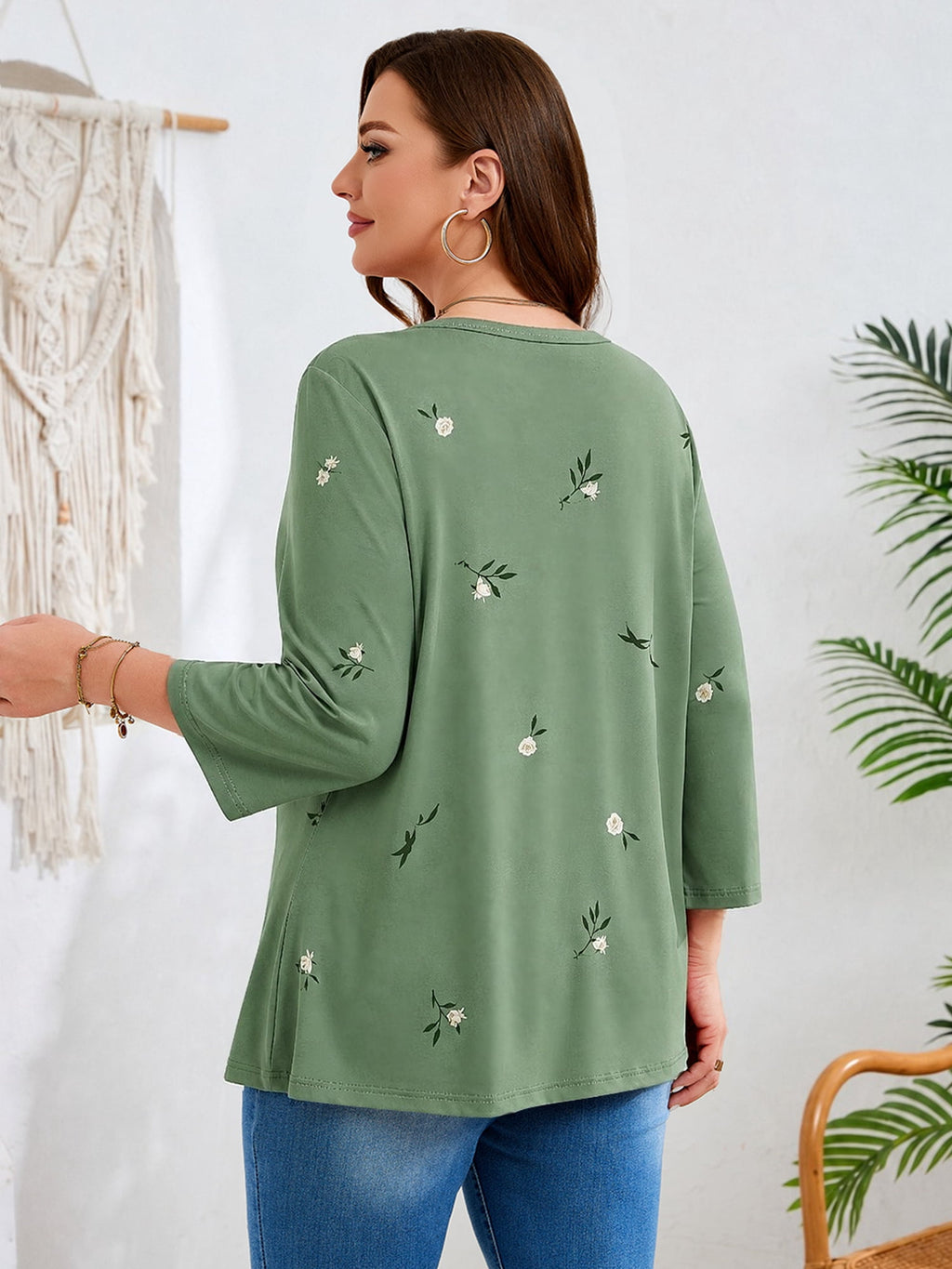 SHOWMALL Plus Size Tops for Women, 3/4 Sleeve Button V Neck Casual Tunic Blouse, Green, Size 4X