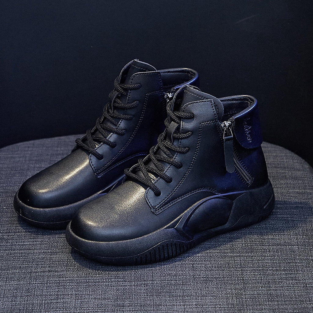 hopeusnice Women's Faux Leather Boots High Top Lace Up Zipper Ankle Boots Sneakers Comfortable Breathable Shoes Black 36