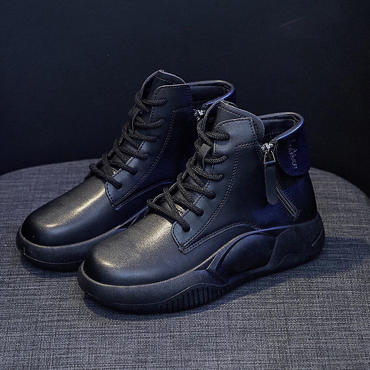 hopeusnice Women's Faux Leather Boots High Top Lace Up Zipper Ankle Boots Sneakers Comfortable Breathable Shoes Black 36