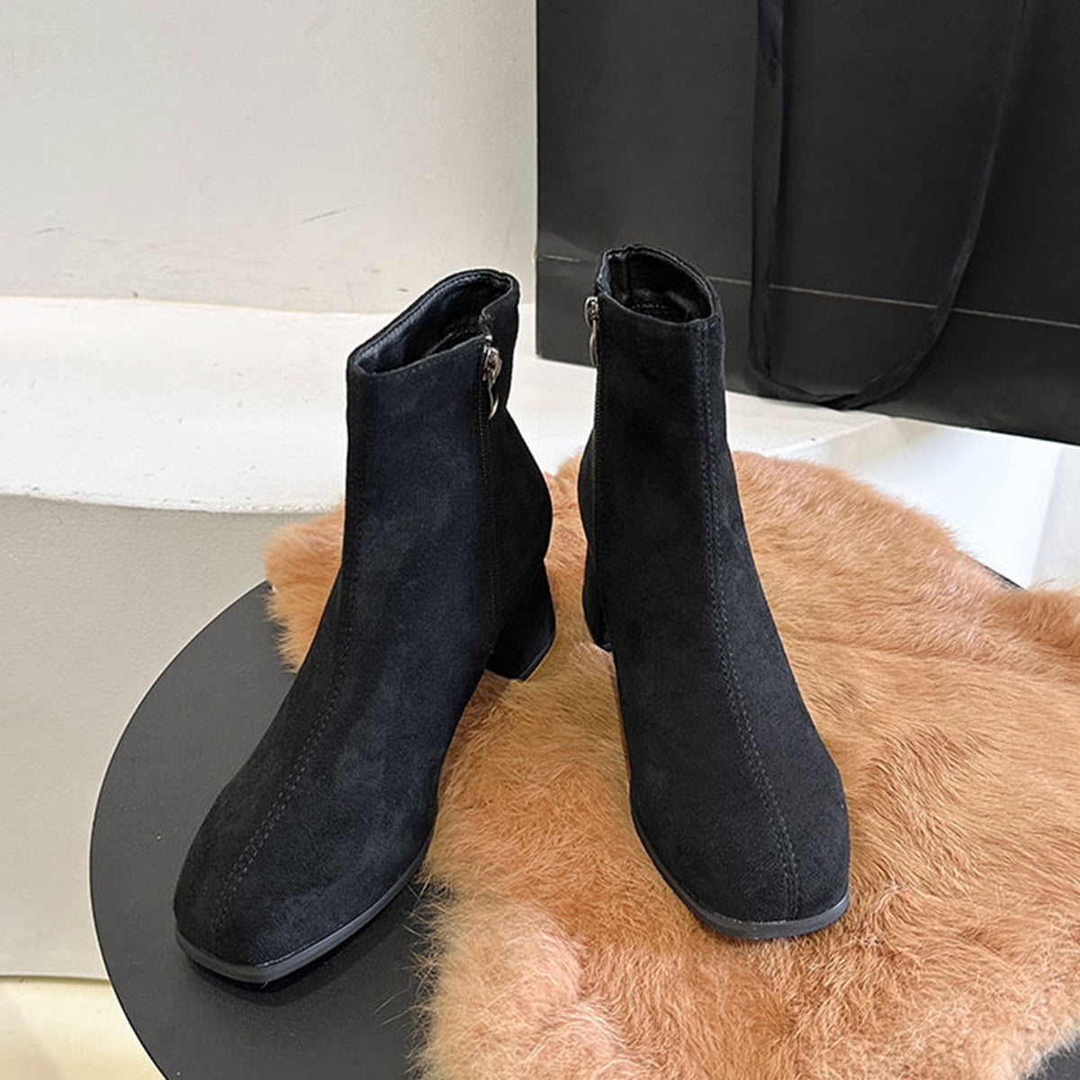 hopeusnice Women's Suede Ankle Boots Block Heel Zipper Closed Toe Booties Comfortable Low Heel Dress Shoes for Fall Winter Khaki 37