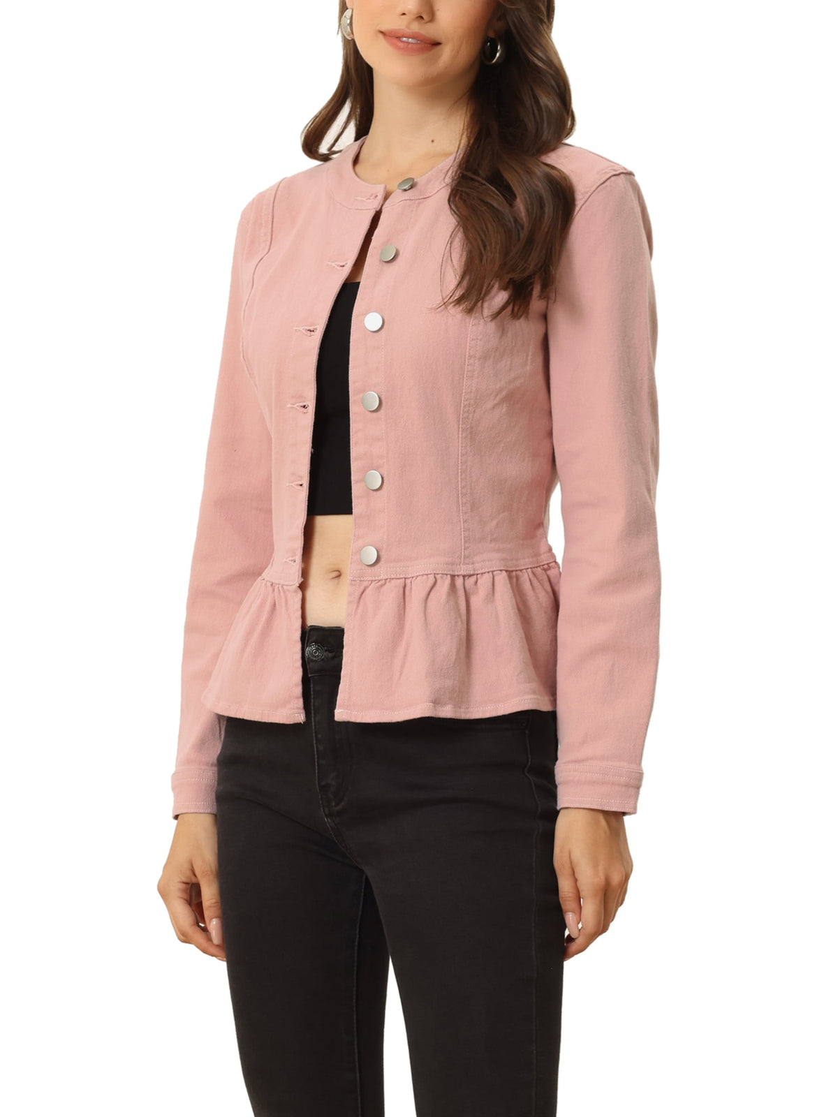 INSPIRE CHIC Women's Denim Jackets Button Down Peplum Hem Long Sleeves Cropped Jean Jackets White L