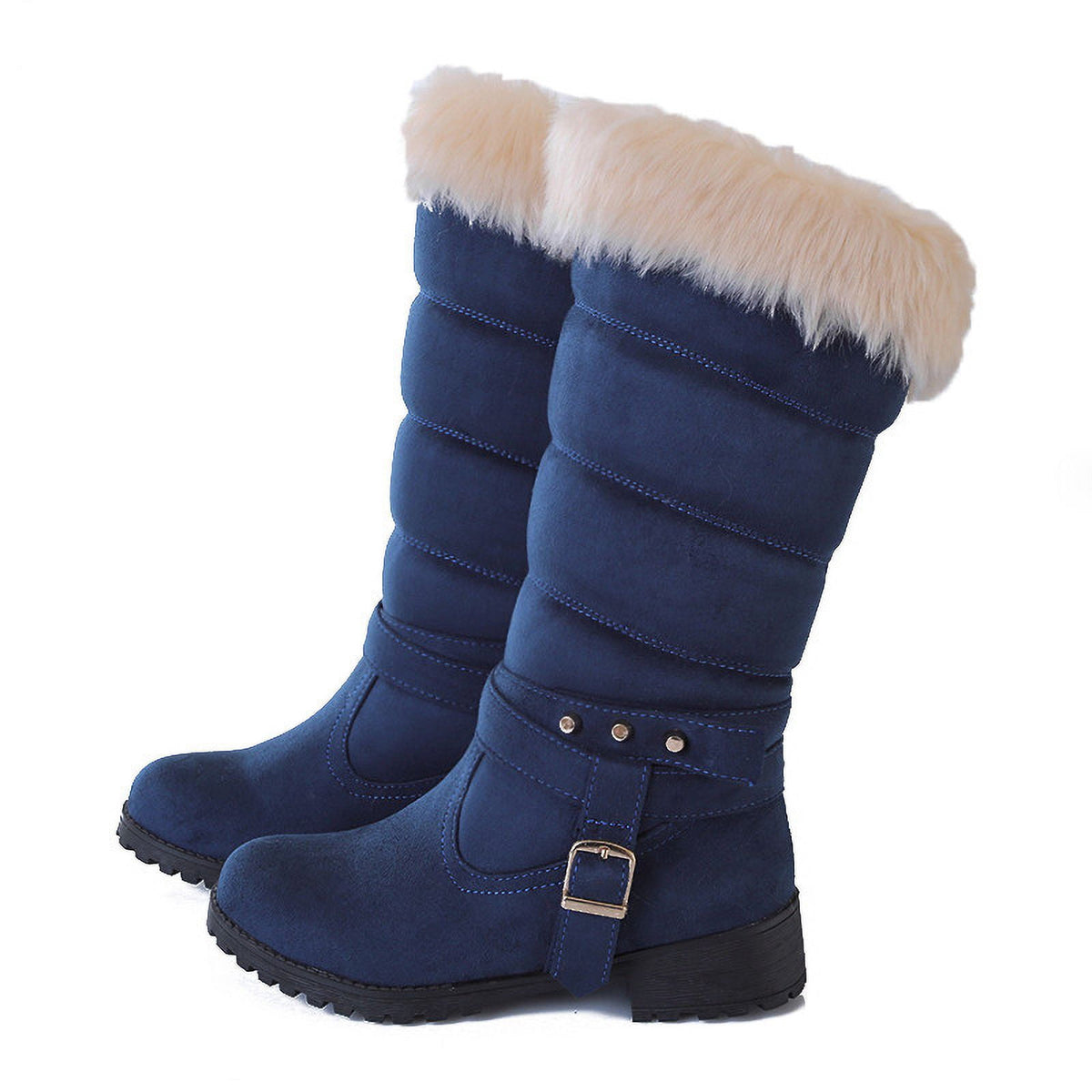 Mid Calf Boots For Women Thermal Plush Fleece Lined Suede Round Toe Chunky Mid Heels Winter Snow Boots Winter Warm Dress Long Tall Boots Blue 37