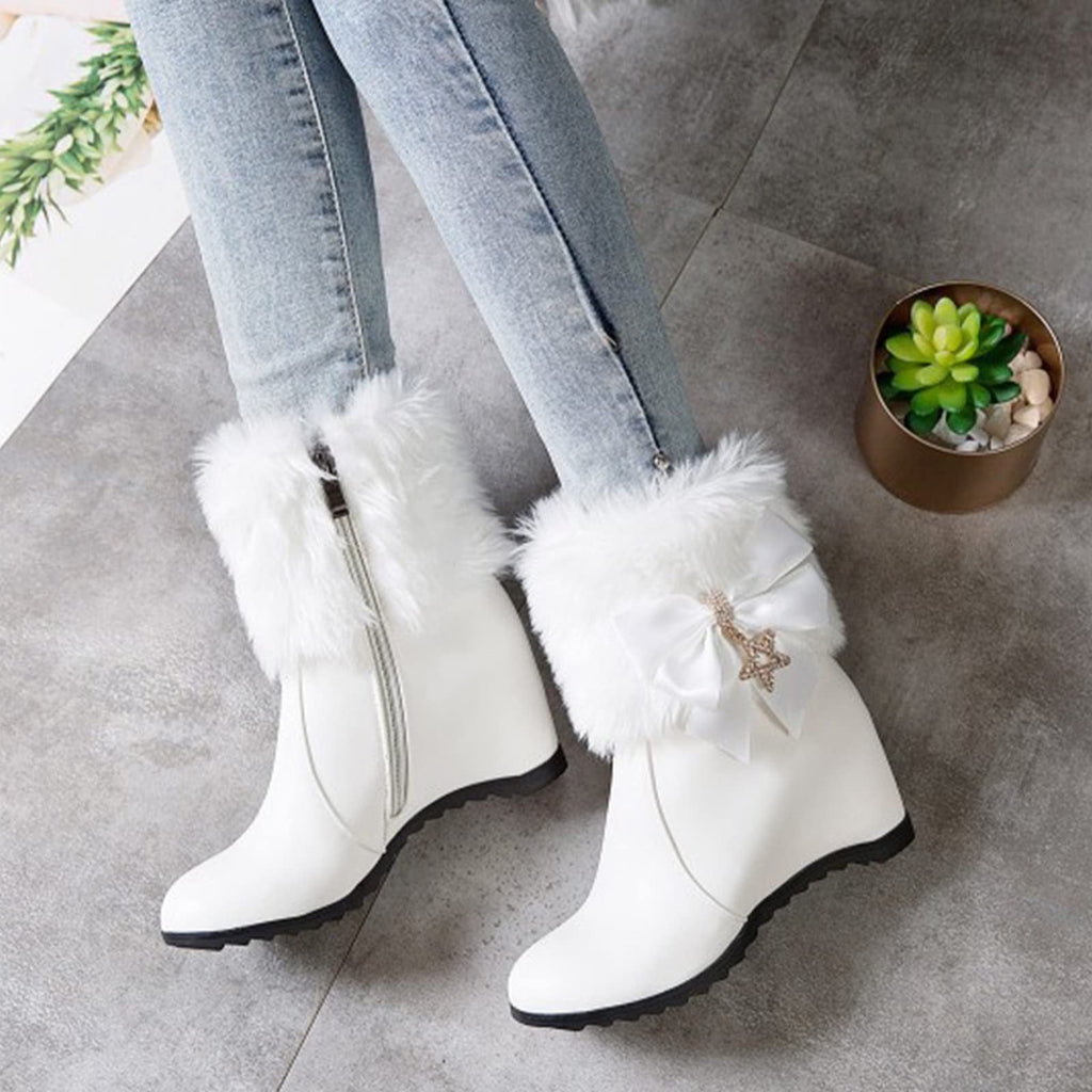 Women Winter Warm Hidden Wedge Snow Booties Leather Cute Bowknot Rhinestones Fuzzy Fleece Lined Thickening Side Zipper Ankle Boots White 39